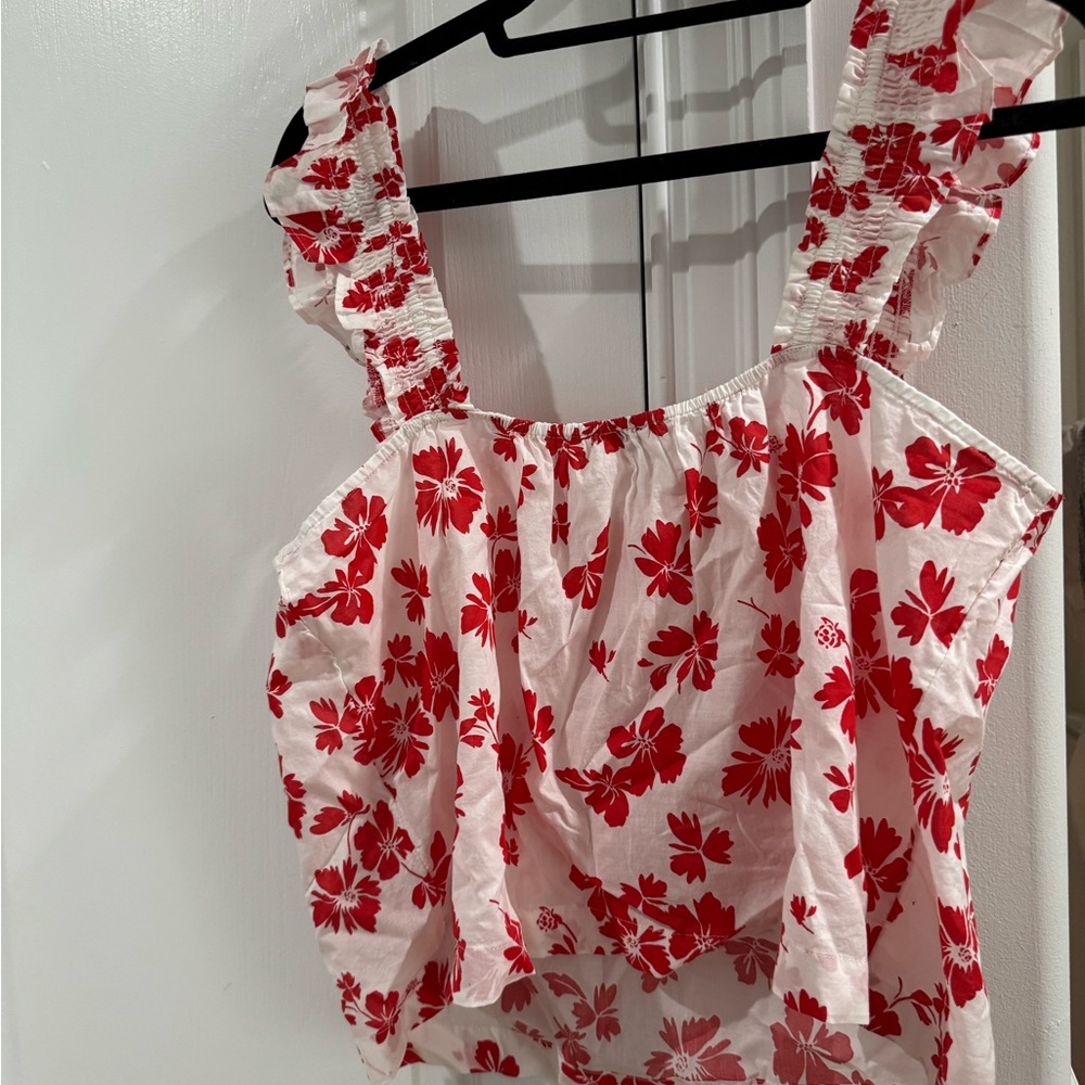 J. Crew Red and White Floral Top. Light Weight. Ruffled and Smocked Straps